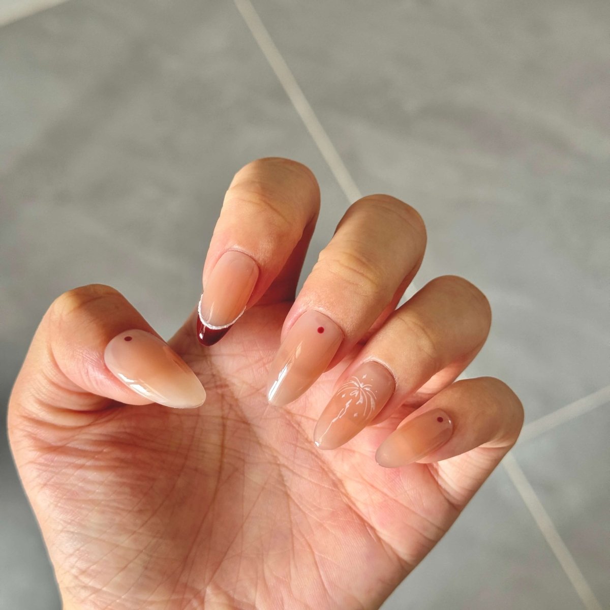 Minimal Nude Press - On Nails with Red Dot & Hand - Painted Fireworks | Almond Shape Reusable Set - Yuhher