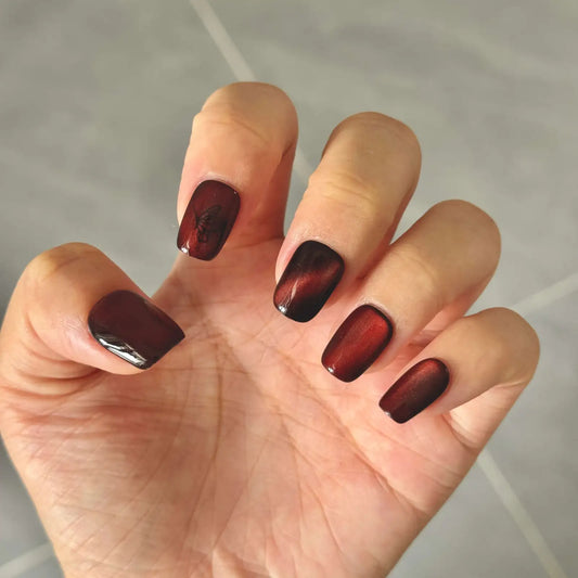 Dark Red Wine Cat Eye Square Press-On Nails – Handmade Magnetic Glossy False Nail Set