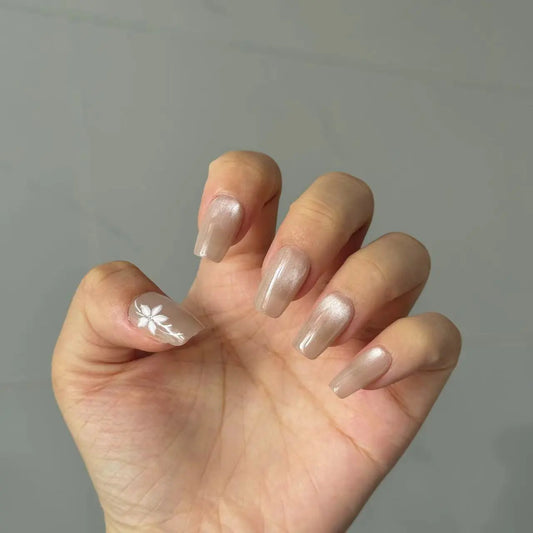 Floral Whispers | Handmade Nude Pink Floral Press-On Nails – Natural Short Length Set