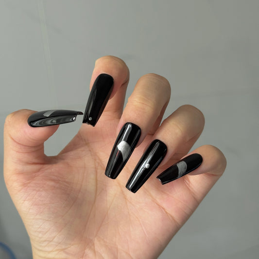Glossy Black Press-On Nails with Hand-Painted Silver Abstract Design – Reusable, Salon-Quality Finish