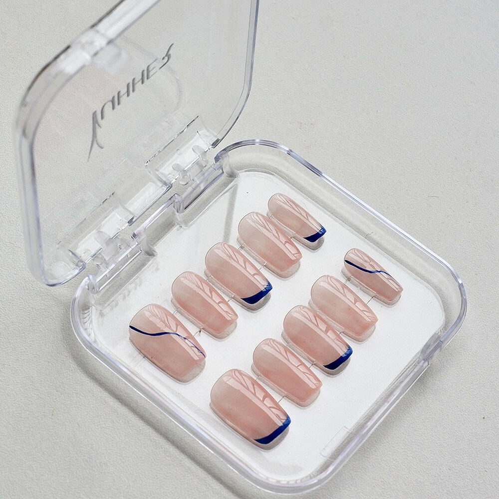 Blue Whisper | Minimalist Navy French Tip Press - On Nails – Reusable Soft Gel Set - Yuhher
