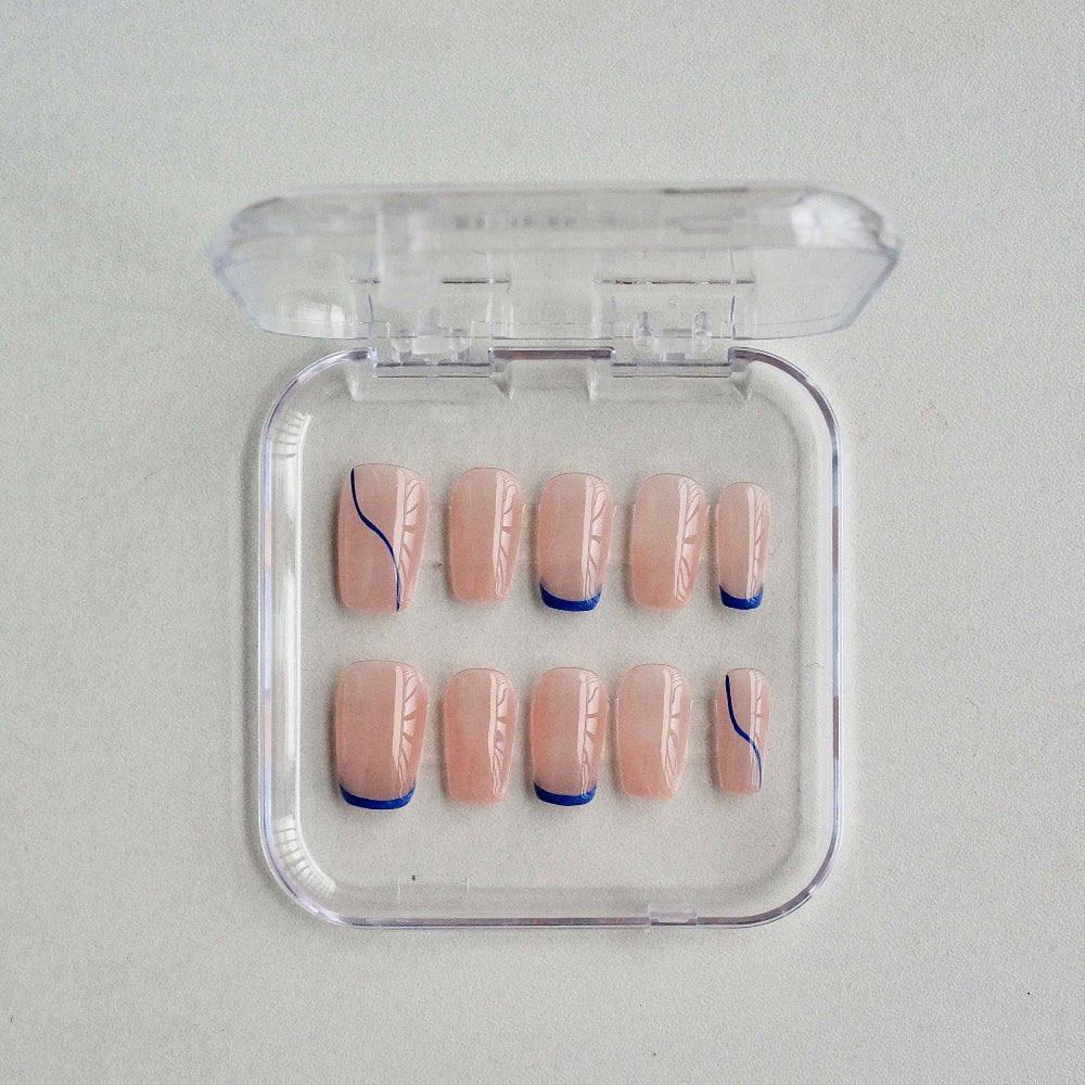 Blue Whisper | Minimalist Navy French Tip Press - On Nails – Reusable Soft Gel Set - Yuhher