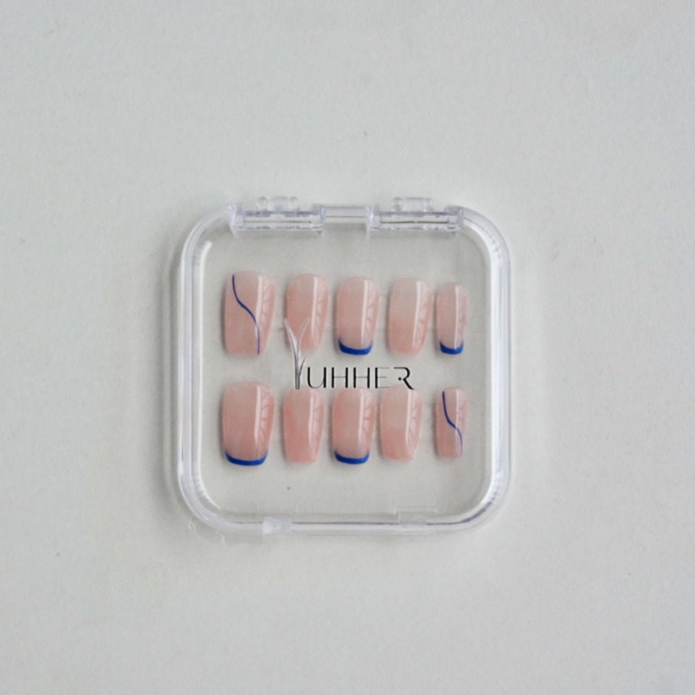Blue Whisper | Minimalist Navy French Tip Press - On Nails – Reusable Soft Gel Set - Yuhher