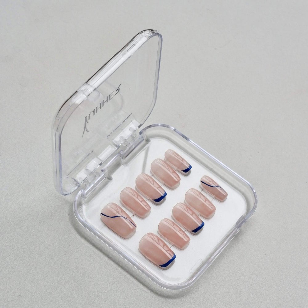 Blue Whisper | Minimalist Navy French Tip Press - On Nails – Reusable Soft Gel Set - Yuhher