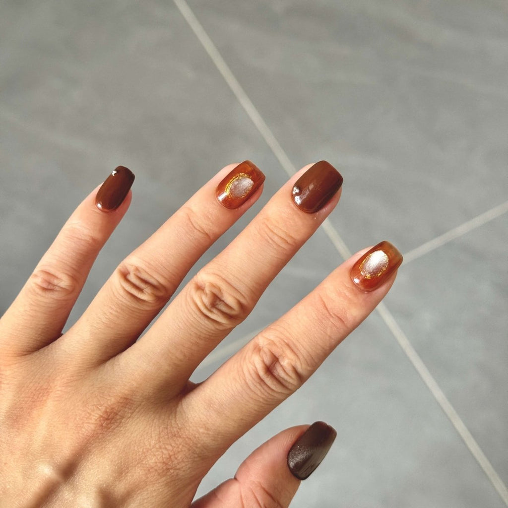 Coffee Amber Press - On Nails | Square Short Brown & Orange Gradient with Metallic Glow | Handmade Reusable Nail Set - Yuhher