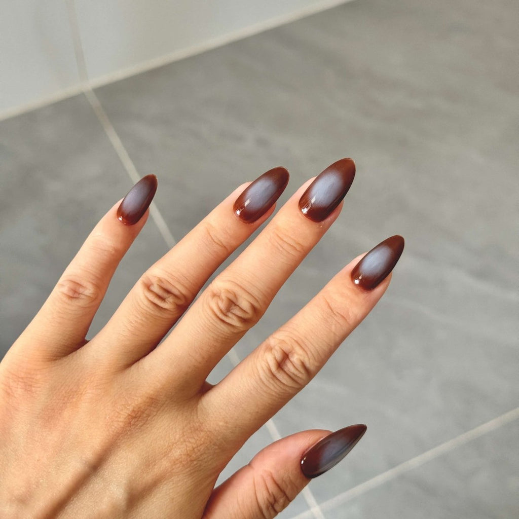 Coffee Brown & Blue Ombre Press - On Nails | Almond Shape Gradient False Nails | Handmade Nail Set - Yuhher