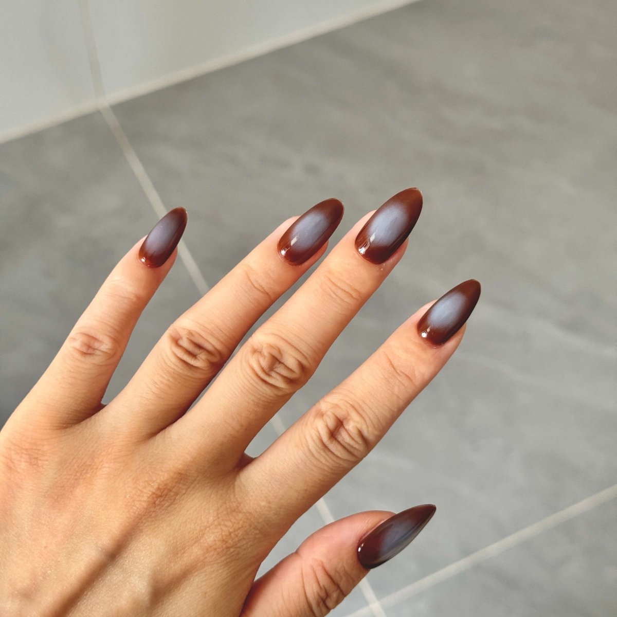 Coffee Brown & Blue Ombre Press - On Nails | Almond Shape Gradient False Nails | Handmade Nail Set - Yuhher