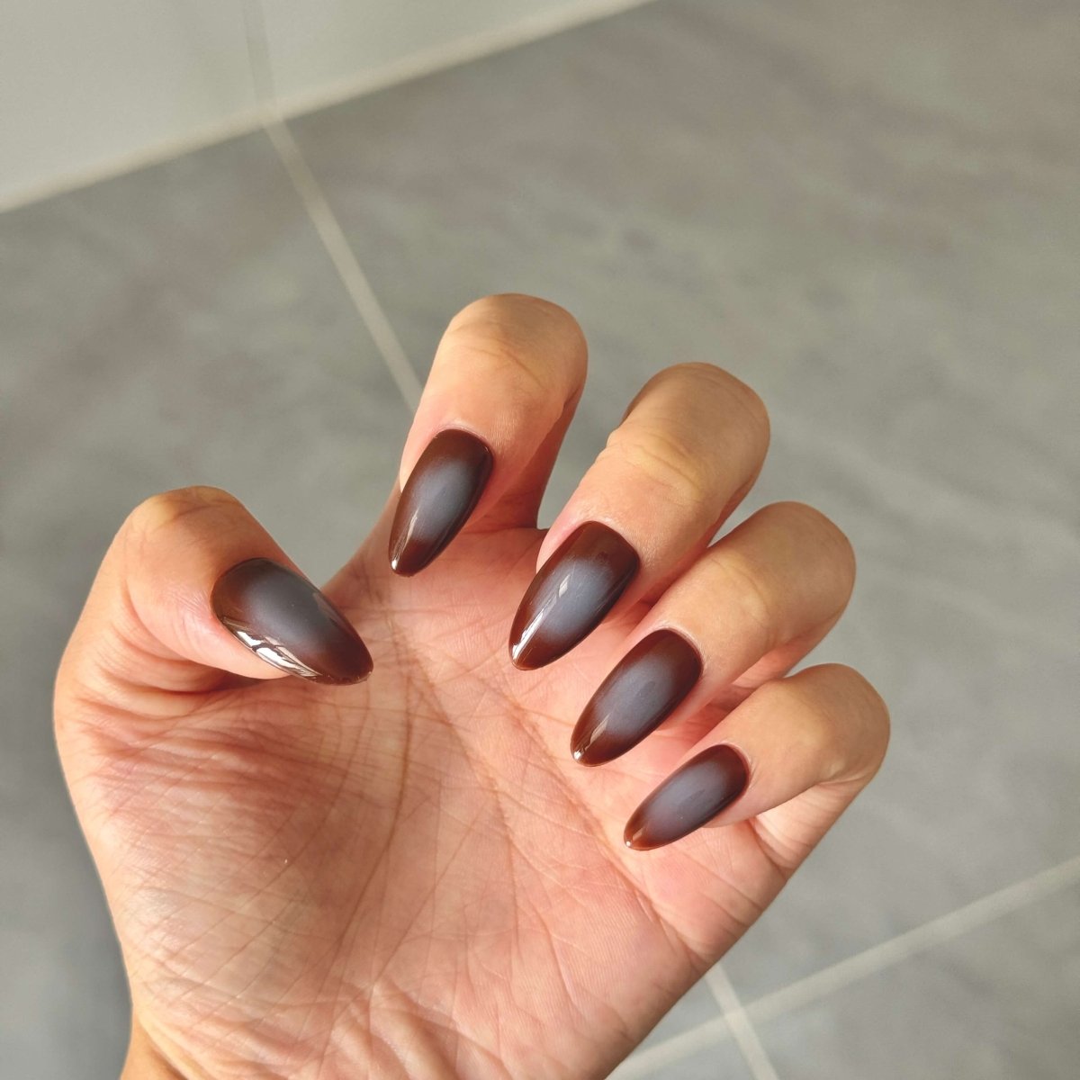 Coffee Brown & Blue Ombre Press - On Nails | Almond Shape Gradient False Nails | Handmade Nail Set - Yuhher
