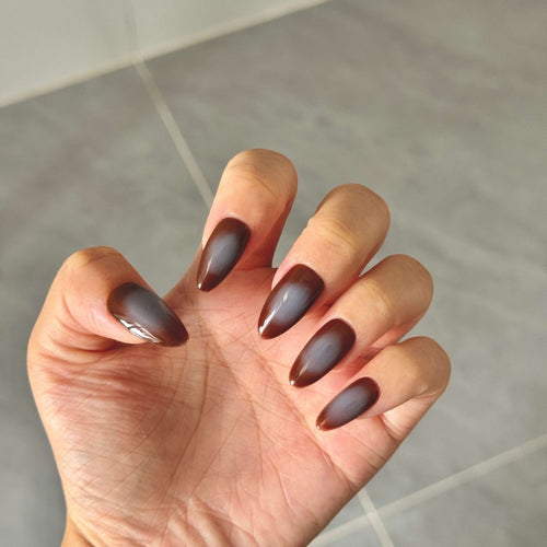 Coffee Brown & Blue Ombre Press - On Nails | Almond Shape Gradient False Nails | Handmade Nail Set - Yuhher