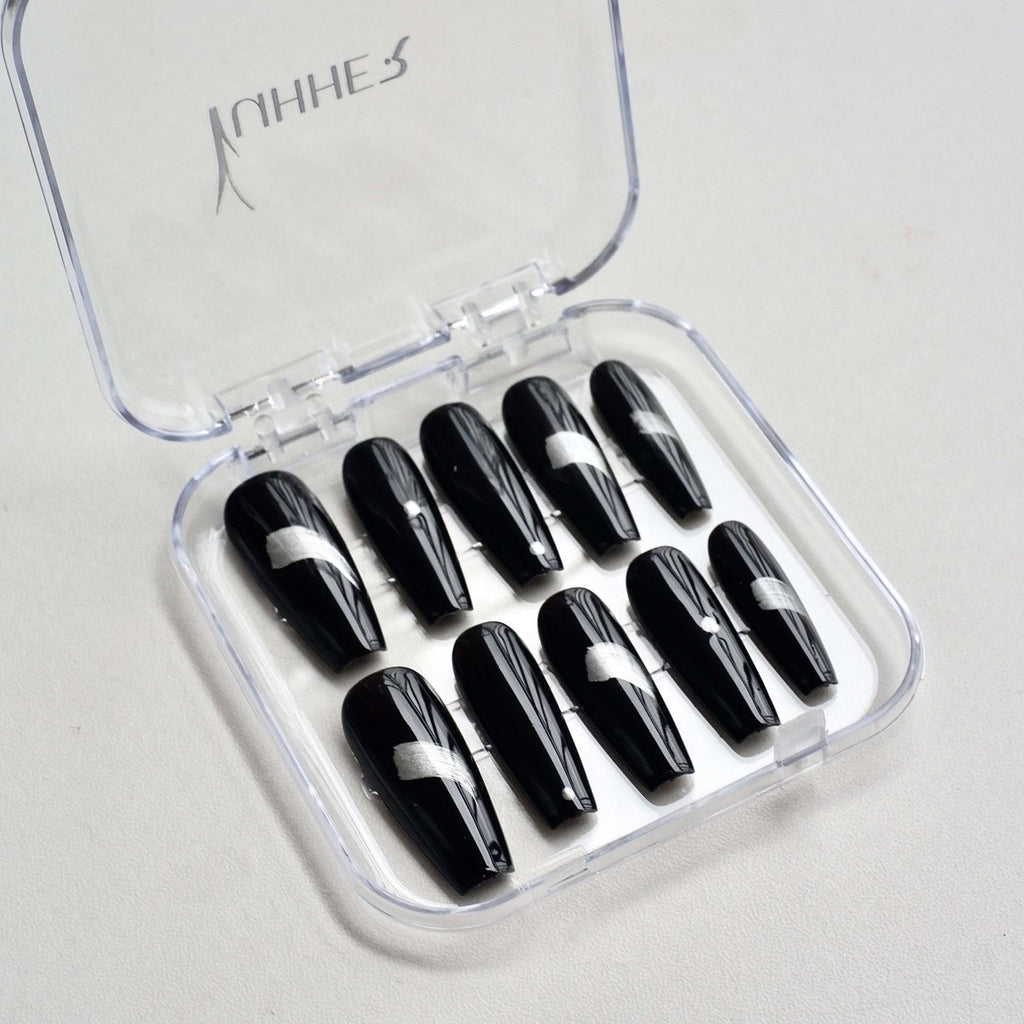 Glossy Black Abstract Press - On Nails – Handpainted Chrome Design | Reusable & Minimalist - Yuhher