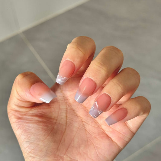 Gradient Cloud Press - On Nails | Nude Coffin Shape with Blue Tips & White Veins | Reusable Minimalist Set - Yuhher