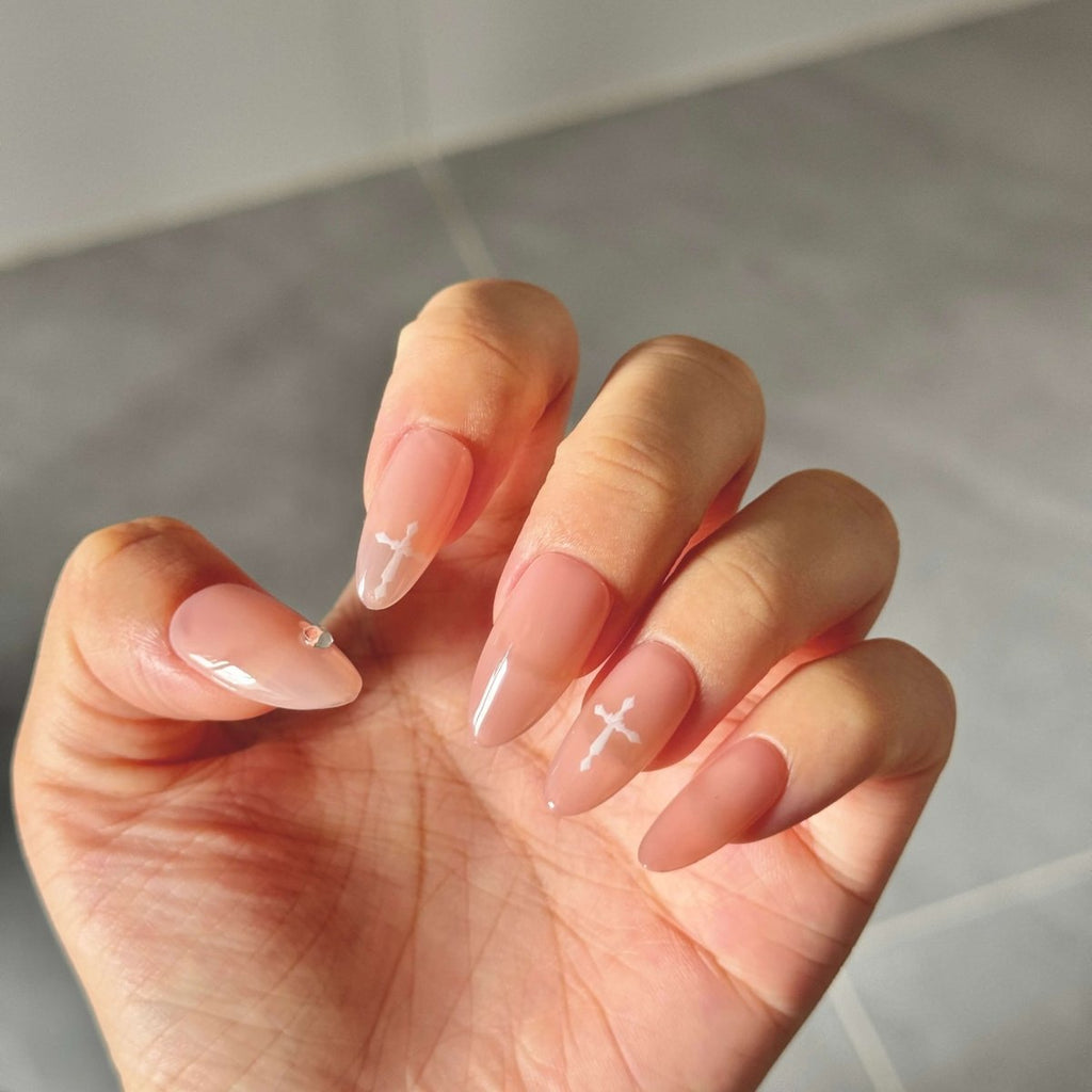 Minimal Nude Cross Press - On Nails | Almond Shape with White Line Art & Rhinestone Accent | Handmade Reusable Set - Yuhher