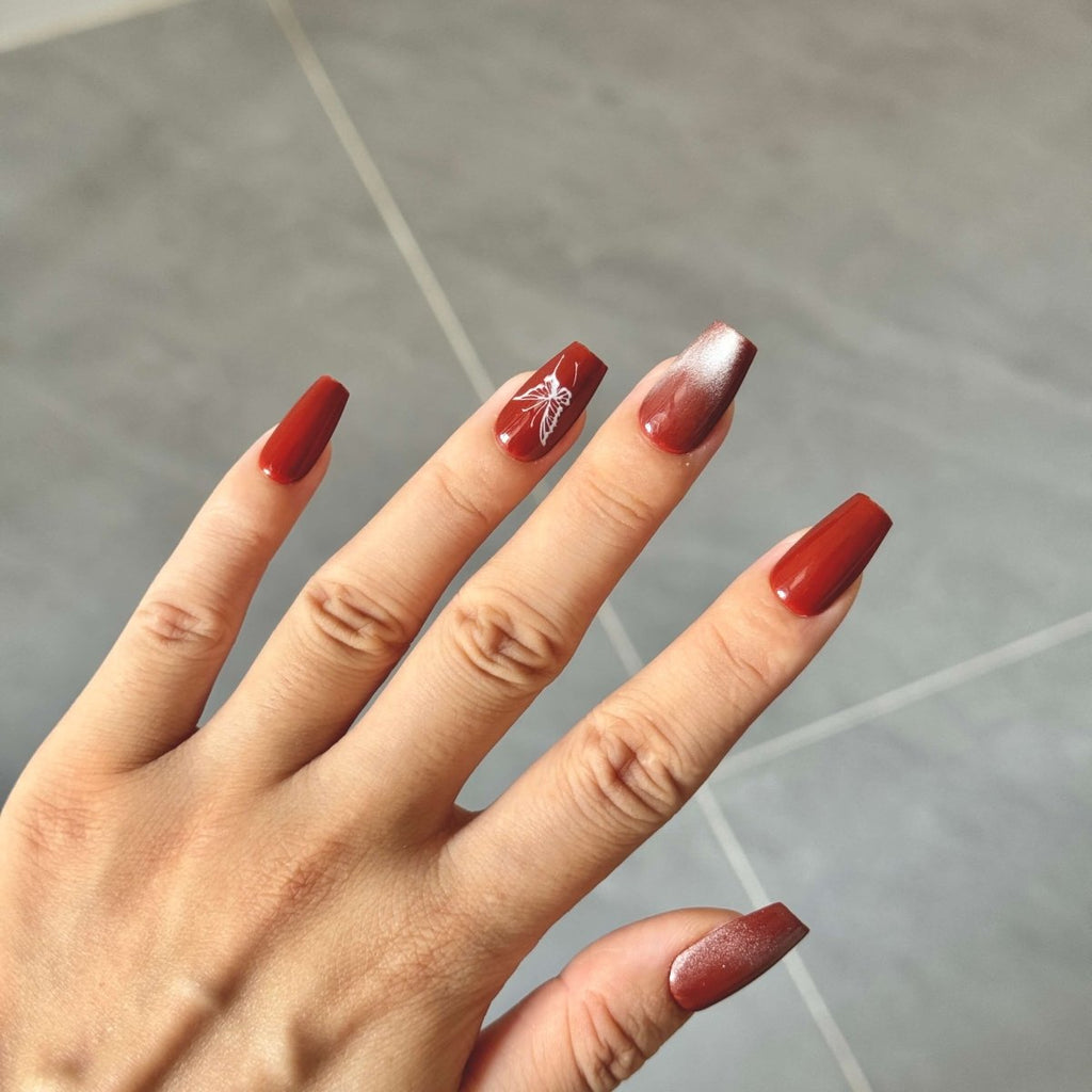 Red Brown Ombre Butterfly Press - On Nails | Square Shape Handmade False Nails | Elegant Gradient Nail Set - Yuhher