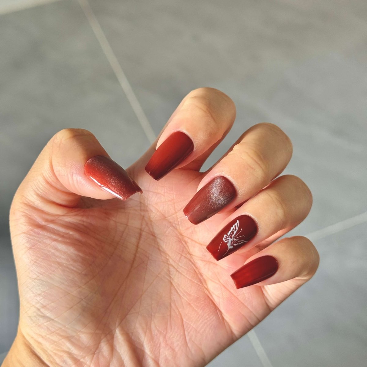 Red Brown Ombre Butterfly Press - On Nails | Square Shape Handmade False Nails | Elegant Gradient Nail Set - Yuhher